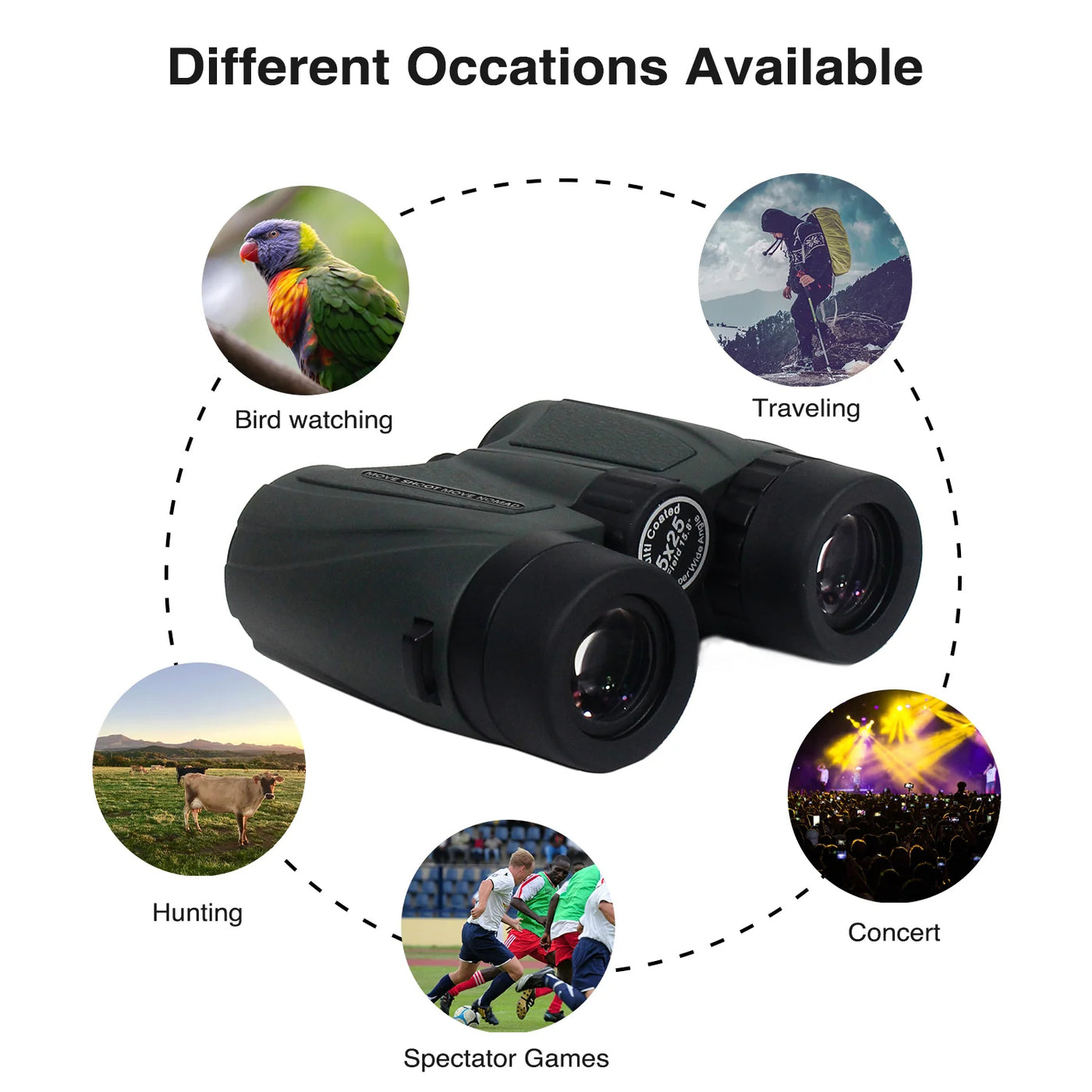 Preorder MOVE SHOOT MOVE NOMAD Wide View Angle FOV 15.8°, 5x25 Binoculars for NFL Games and Astro